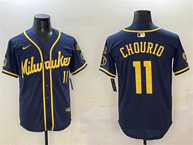 Men%27s Milwaukee Brewers #11 Jackson Chourio Navy With Home Patch Limited Stitched Jersey->los angeles dodgers->MLB Jersey